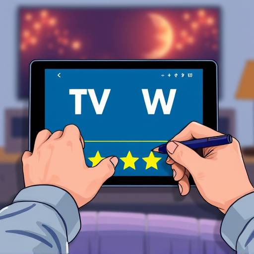 An illustration depicting the process of writing and submitting a TV show review, showing a person writing on a tablet with a star rating system visible.