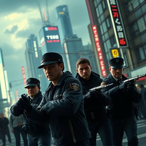 Poster for the TV show Neo-Tokyo Enforcers, showing a futuristic cityscape with police officers.